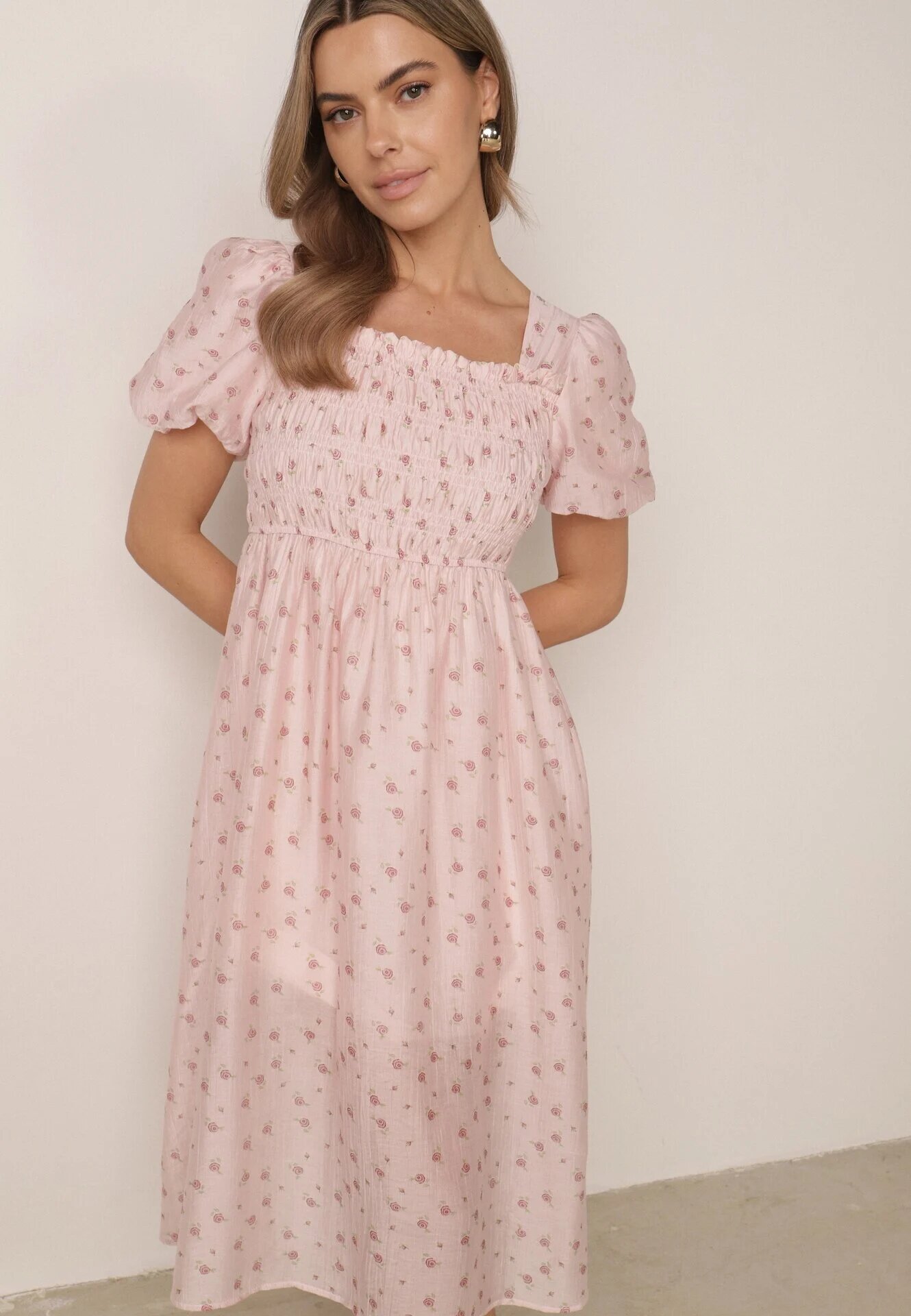j&x Rochie cu flori din Tencel evazată cu mâneci bufante Viviare Roz