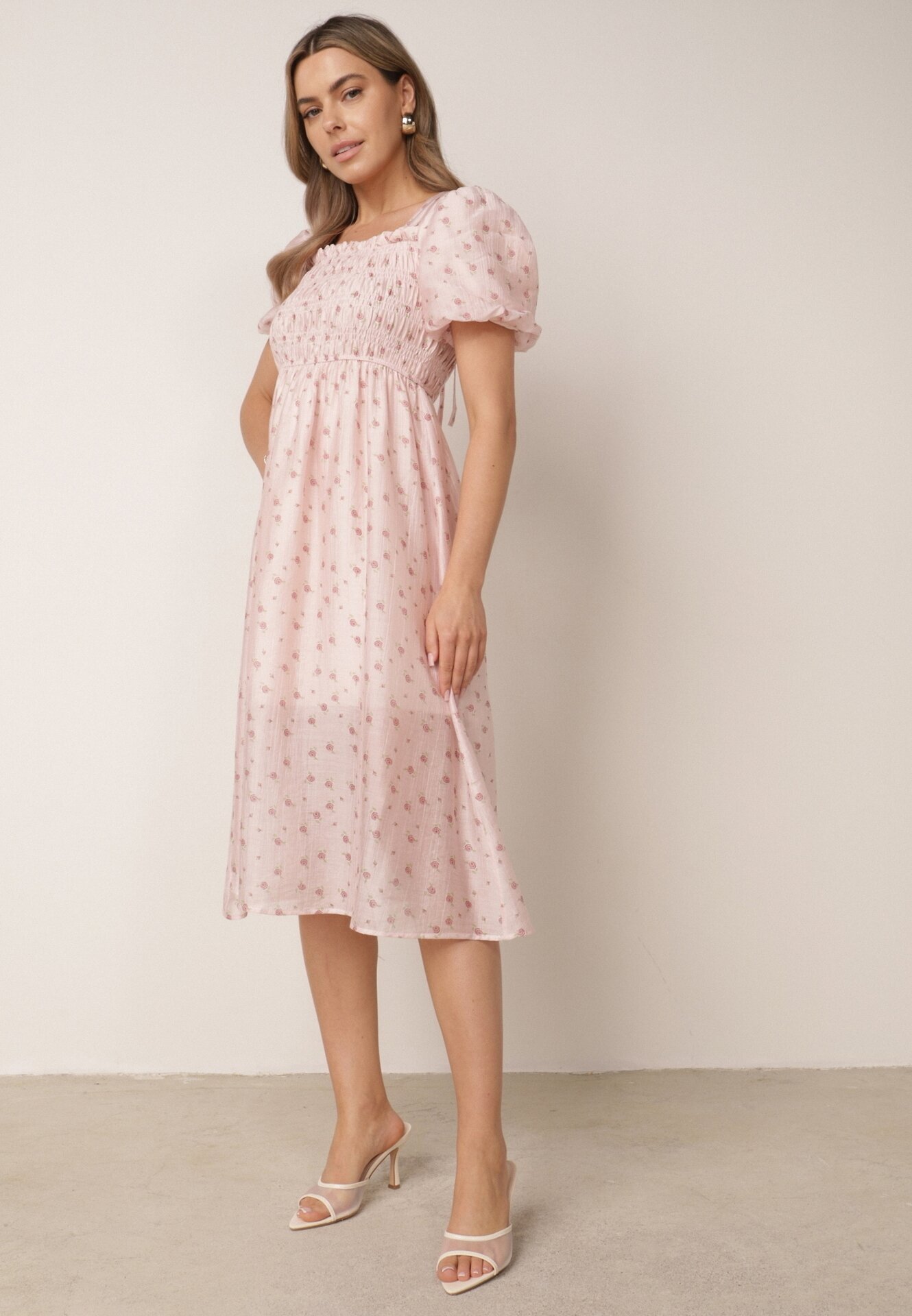 j&x Rochie cu flori din Tencel evazată cu mâneci bufante Viviare Roz