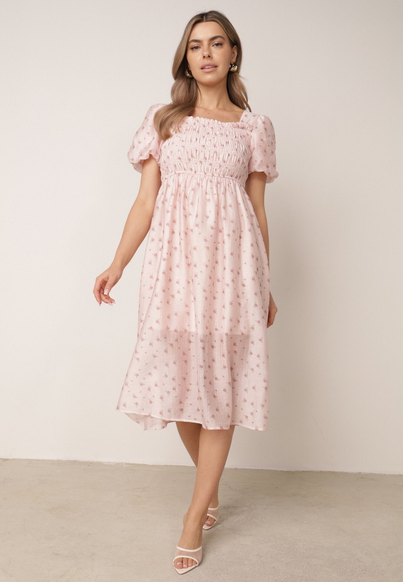 j&x Rochie cu flori din Tencel evazată cu mâneci bufante Viviare Roz