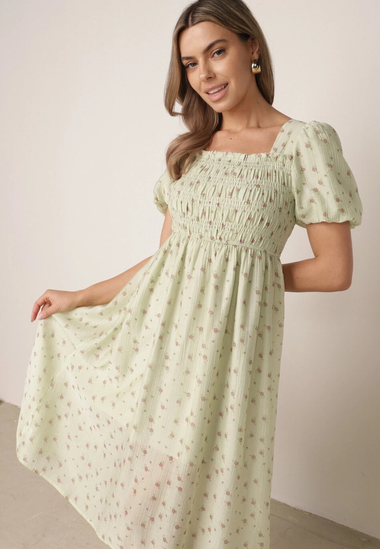 j&x Rochie cu flori din Tencel evazată cu mâneci bufante Viviare Verde