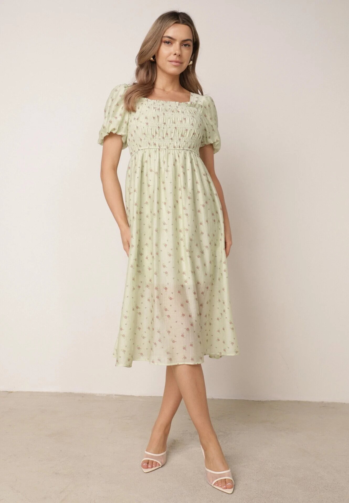 j&x Rochie cu flori din Tencel evazată cu mâneci bufante Viviare Verde