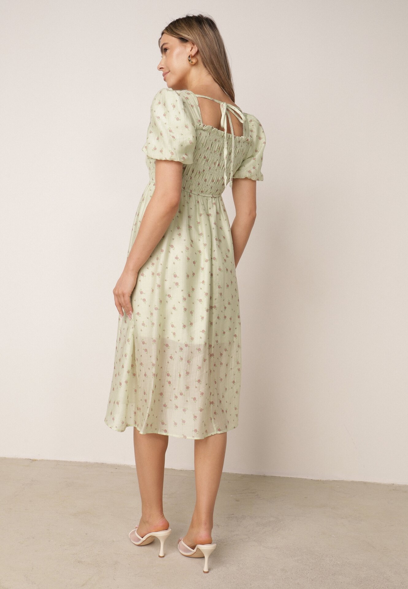 j&x Rochie cu flori din Tencel evazată cu mâneci bufante Viviare Verde