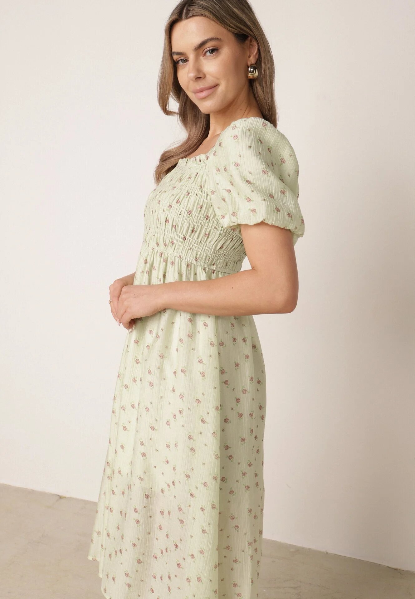 j&x Rochie cu flori din Tencel evazată cu mâneci bufante Viviare Verde