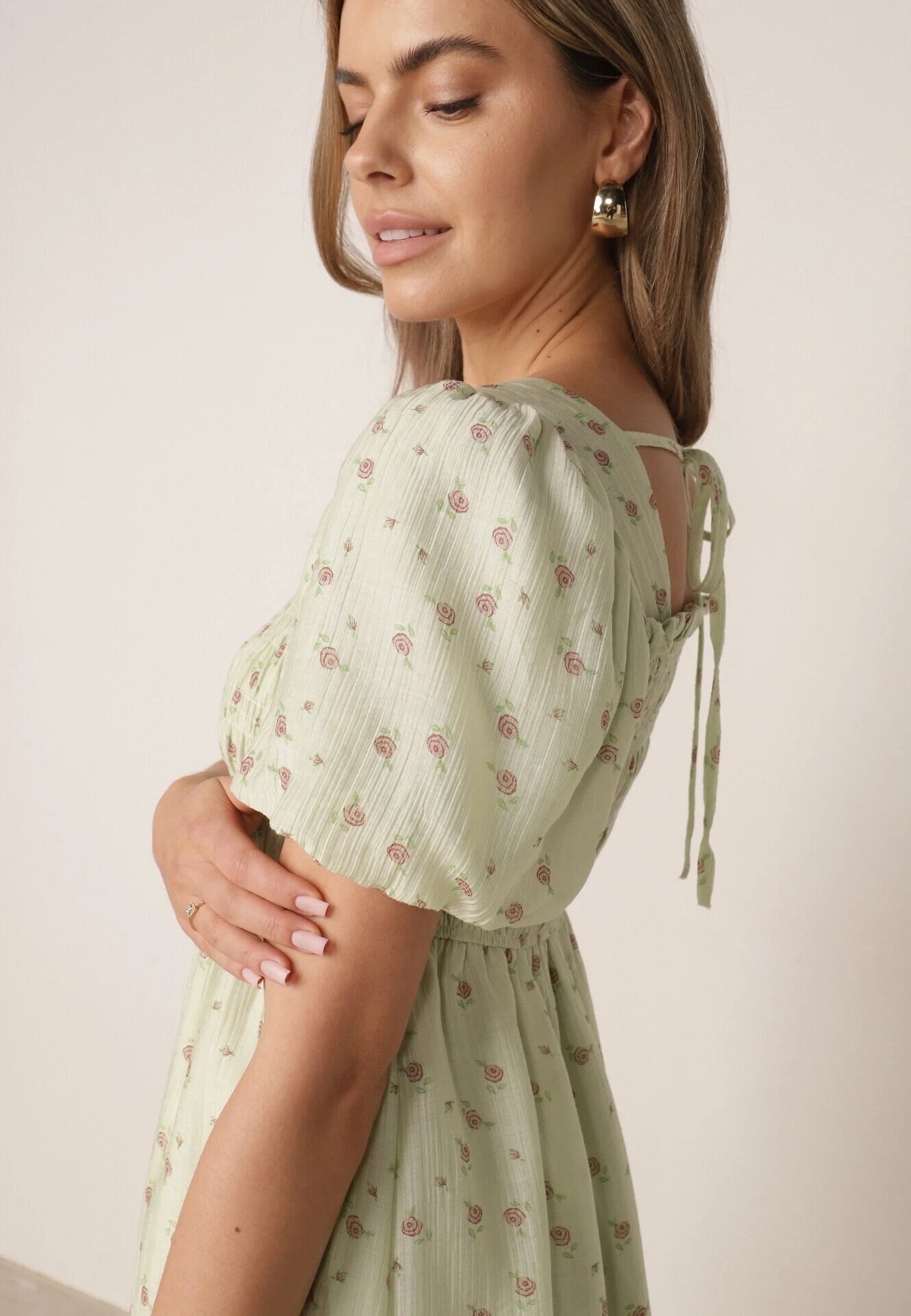 j&x Rochie cu flori din Tencel evazată cu mâneci bufante Viviare Verde