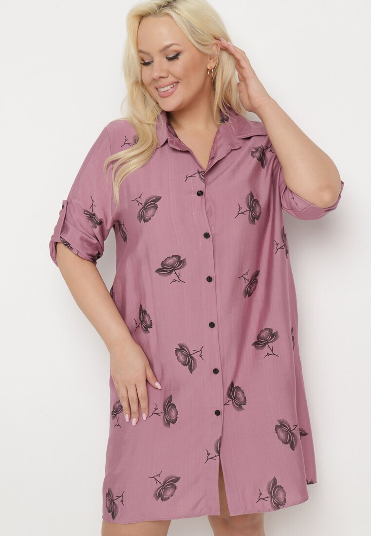 j&x Rochie de cămașă roz închisă cu nasturi și mâneci reglabile Xatella