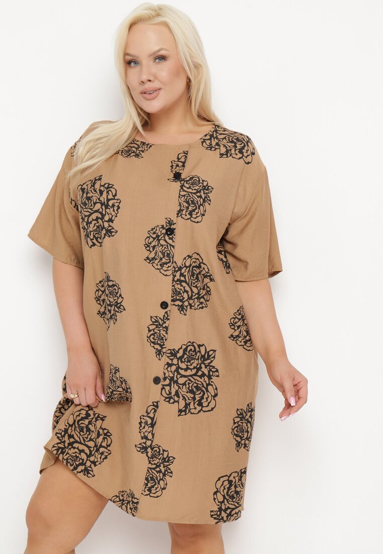 j&x Rochie din bumbac Maro deschis cu mânecă scurtă cu buzunare și nasturi Bellilla