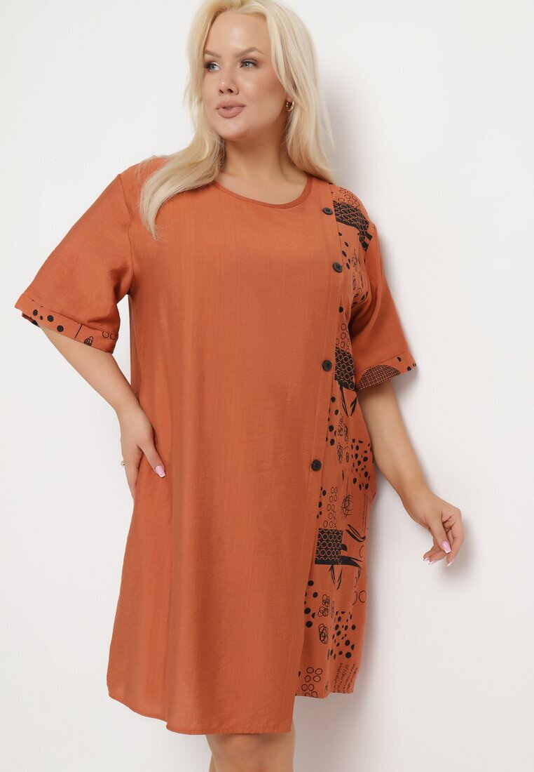 j&x Rochie din bumbac portocalie cu croi drept cu buzunare înserate decorată cu nasturi Walliana