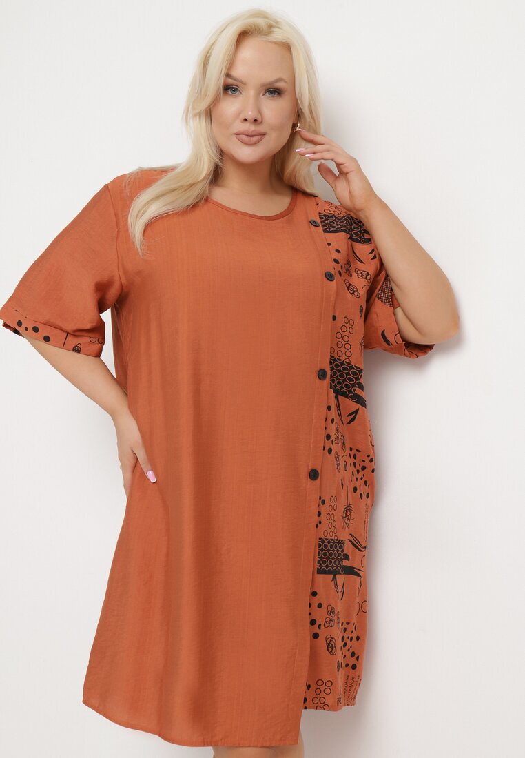 j&x Rochie din bumbac portocalie cu croi drept cu buzunare înserate decorată cu nasturi Walliana