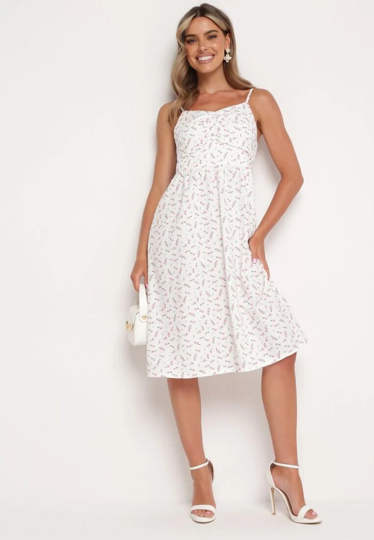 j&x Rochie Evazată Alb-Roz cu Flori Mici cu Bretele Subțiri Reteri