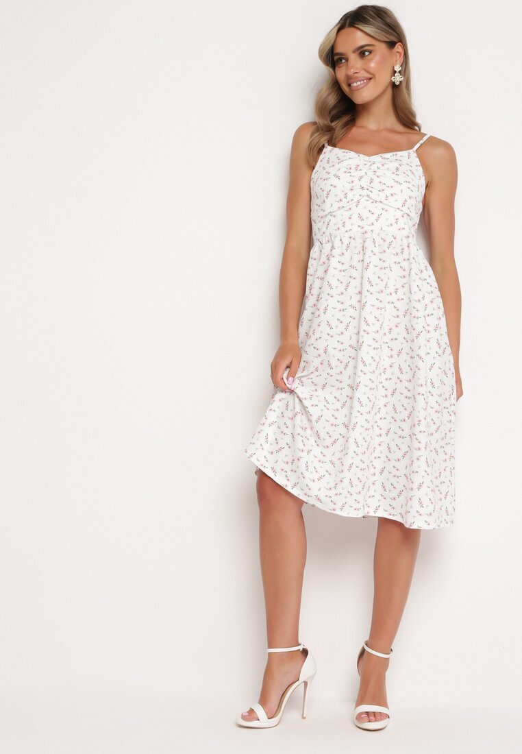 j&x Rochie Evazată Alb-Roz cu Flori Mici cu Bretele Subțiri Reteri