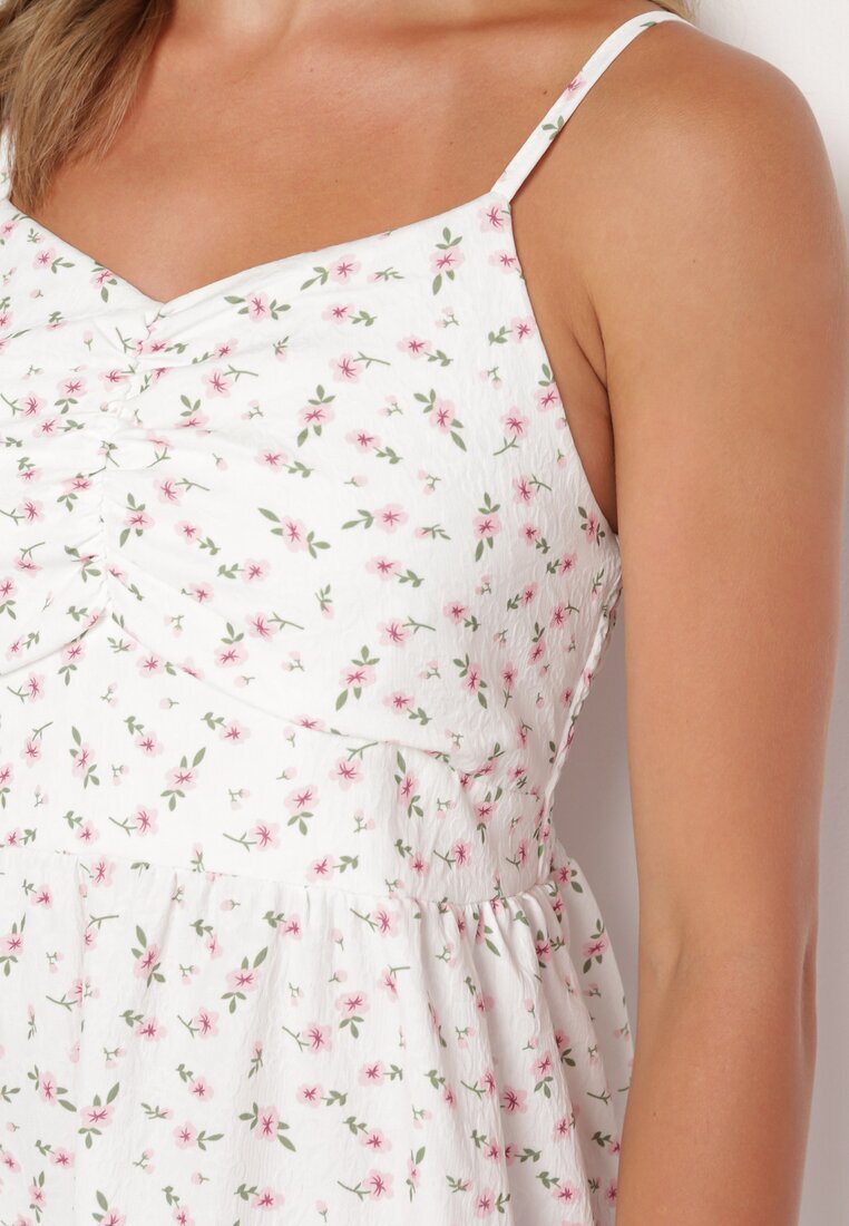 j&x Rochie Evazată Alb-Roz cu Flori Mici cu Bretele Subțiri Reteri