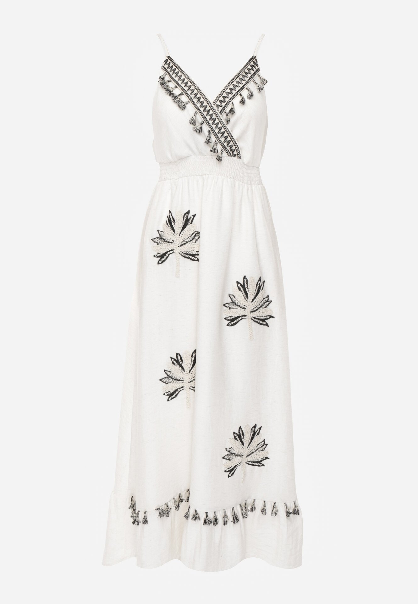 j&x Rochie evazată din amestec de in cu bretele decorată cu ciucuri Nellerin Albă