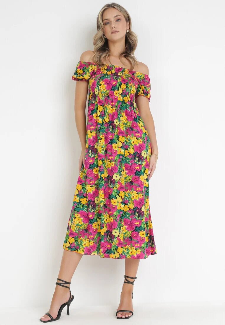 j&x Rochie Fucsia-Galbenă din Viscoză Midi stil spaniol cu Flori Hallenes