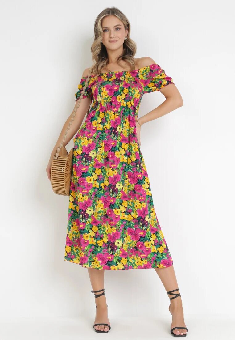 j&x Rochie Fucsia-Galbenă din Viscoză Midi stil spaniol cu Flori Hallenes