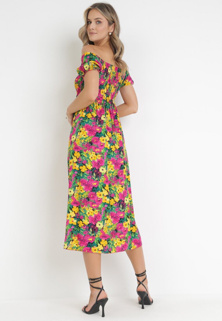 j&x Rochie Fucsia-Galbenă din Viscoză Midi stil spaniol cu Flori Hallenes