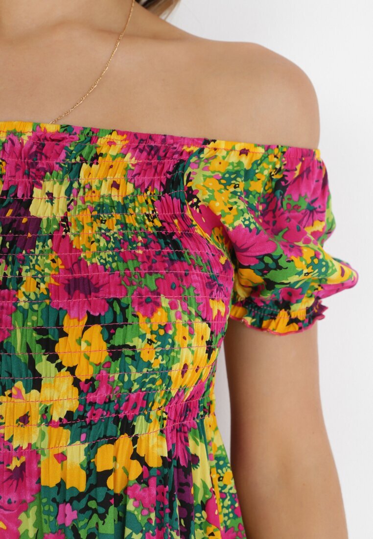 j&x Rochie Fucsia-Galbenă din Viscoză Midi stil spaniol cu Flori Hallenes