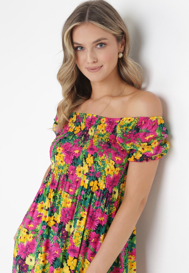 j&x Rochie Fucsia-Galbenă din Viscoză Midi stil spaniol cu Flori Hallenes