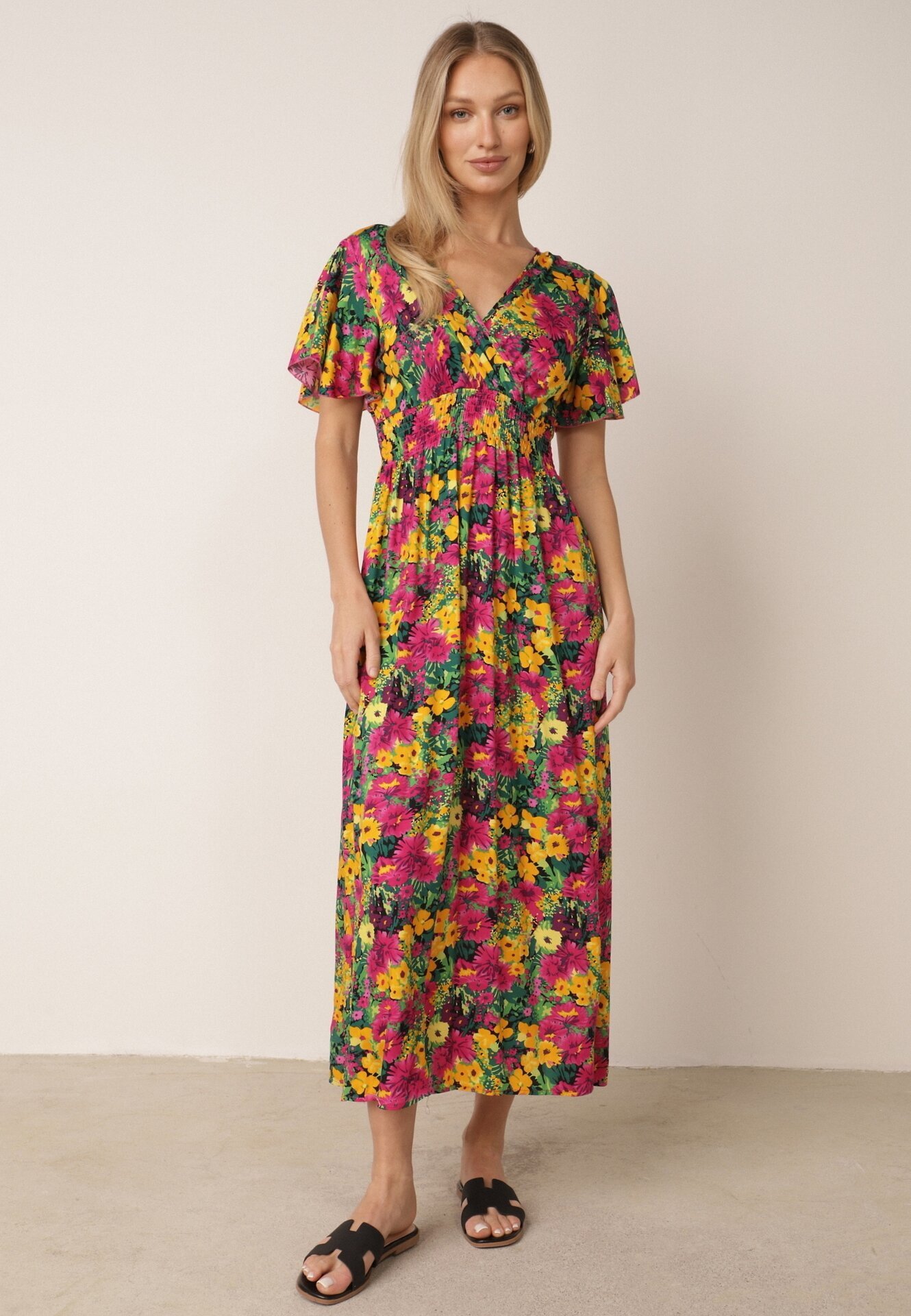 j&x Rochie Galben-Fuchsia Maxi din viscoză cu imprimeu floral cu elastic în talie și decolteu petrecut Trelline
