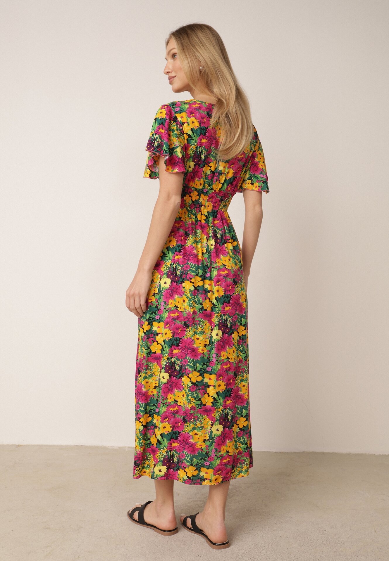j&x Rochie Galben-Fuchsia Maxi din viscoză cu imprimeu floral cu elastic în talie și decolteu petrecut Trelline