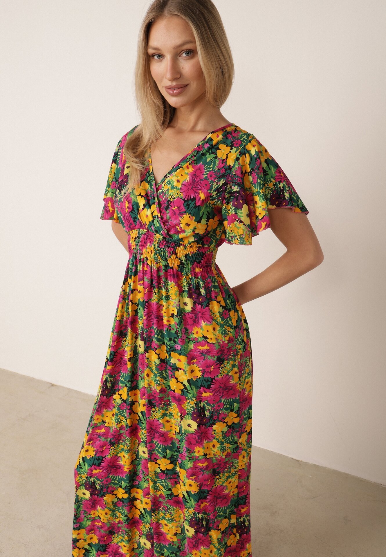 j&x Rochie Galben-Fuchsia Maxi din viscoză cu imprimeu floral cu elastic în talie și decolteu petrecut Trelline