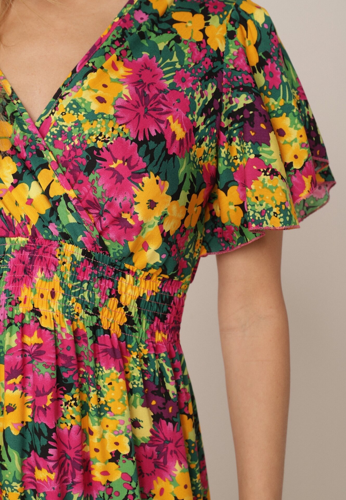 j&x Rochie Galben-Fuchsia Maxi din viscoză cu imprimeu floral cu elastic în talie și decolteu petrecut Trelline