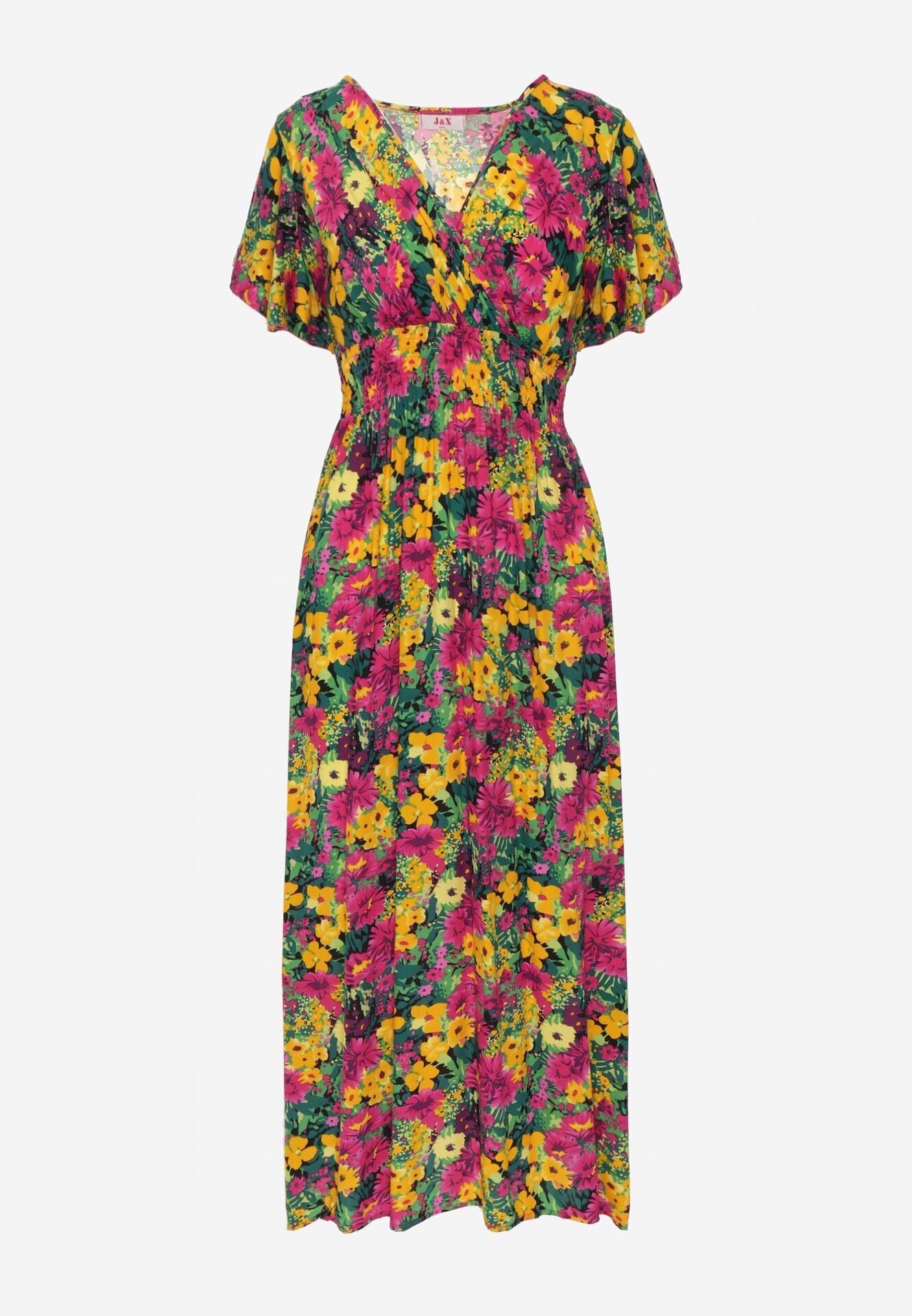 j&x Rochie Galben-Fuchsia Maxi din viscoză cu imprimeu floral cu elastic în talie și decolteu petrecut Trelline