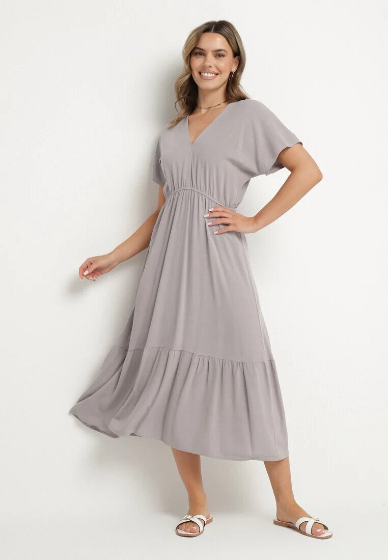 j&x Rochie Gri cu In și Viscoză Decorată cu Legătură Elliova