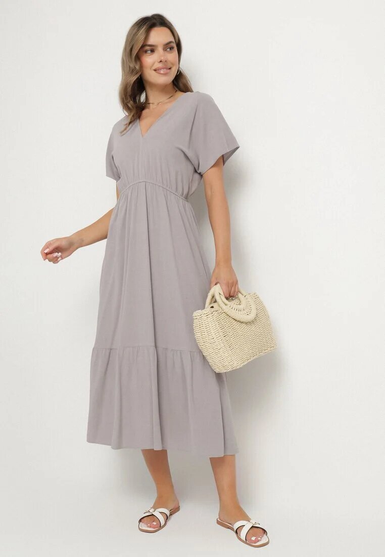 j&x Rochie Gri cu In și Viscoză Decorată cu Legătură Elliova