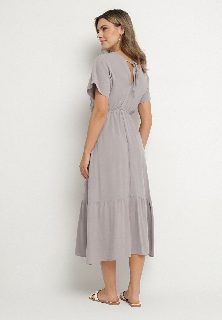 j&x Rochie Gri cu In și Viscoză Decorată cu Legătură Elliova