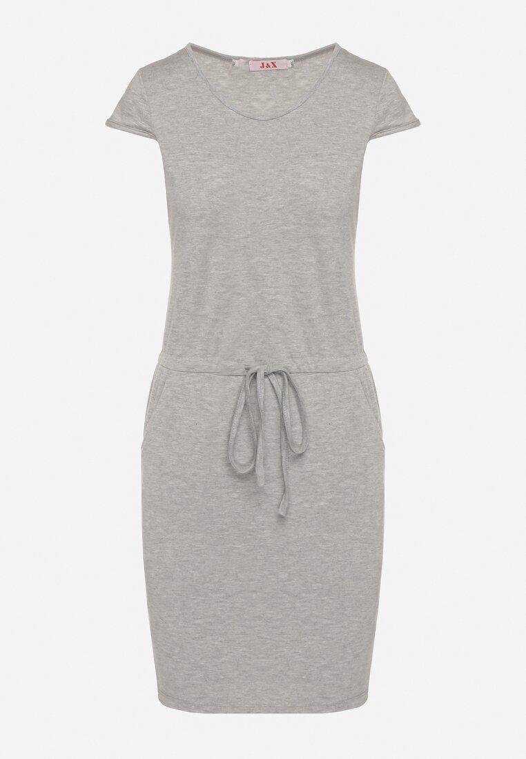 j&x Rochie Gri cu Mânecă Scurtă cu Șnur în Talie Dolati