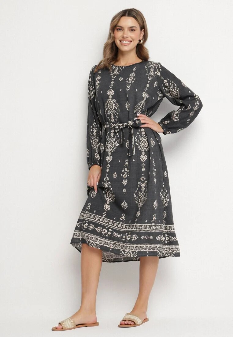 j&x Rochie Gri închis cu Imprimeu Boho Tip cutie cu Curea în Talie Lisanea