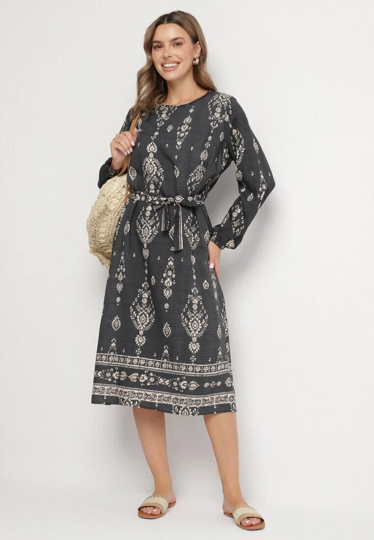 j&x Rochie Gri închis cu Imprimeu Boho Tip cutie cu Curea în Talie Lisanea