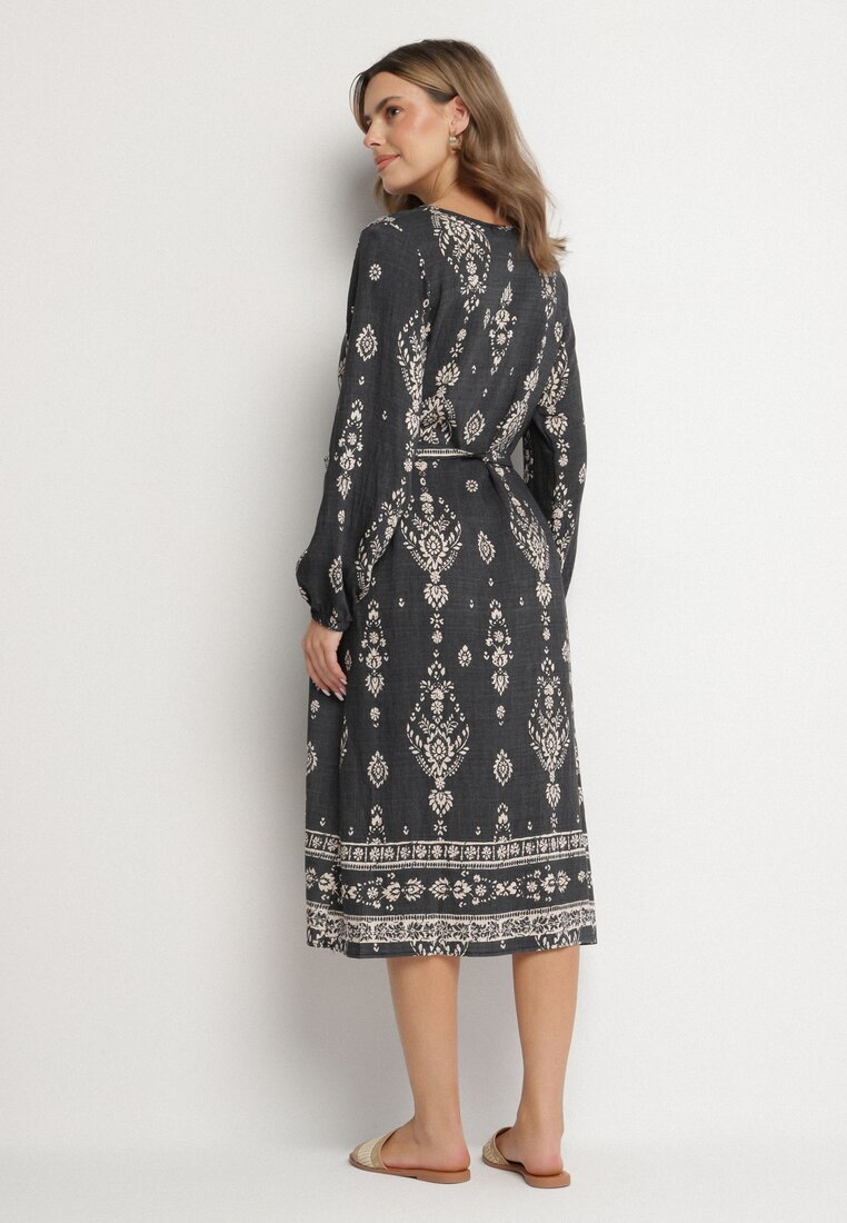 j&x Rochie Gri închis cu Imprimeu Boho Tip cutie cu Curea în Talie Lisanea