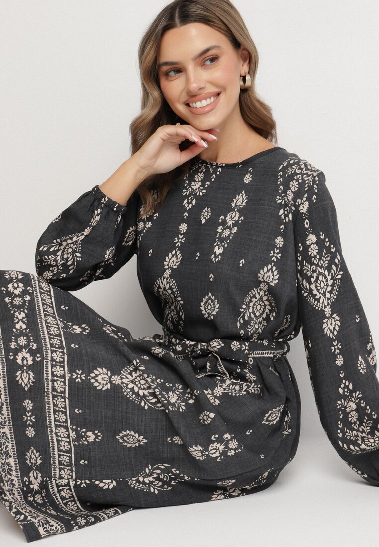 j&x Rochie Gri închis cu Imprimeu Boho Tip cutie cu Curea în Talie Lisanea