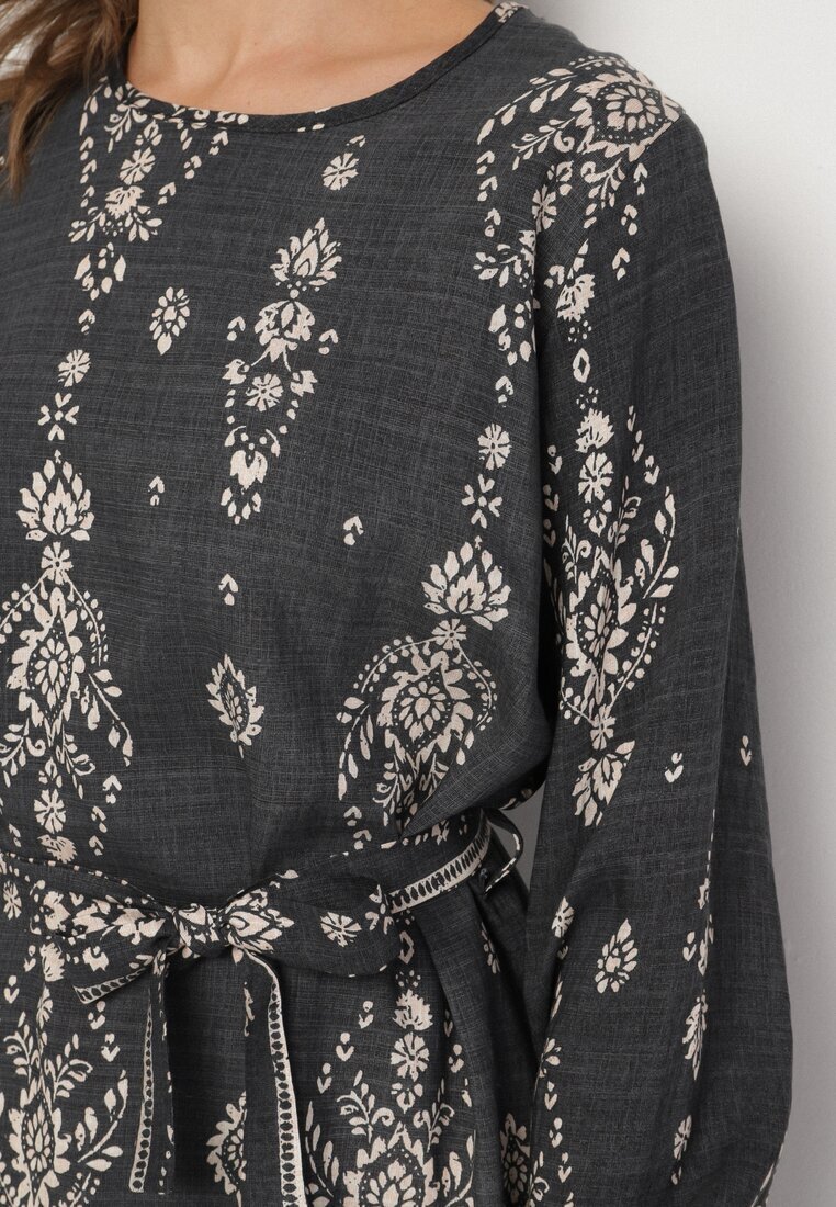 j&x Rochie Gri închis cu Imprimeu Boho Tip cutie cu Curea în Talie Lisanea