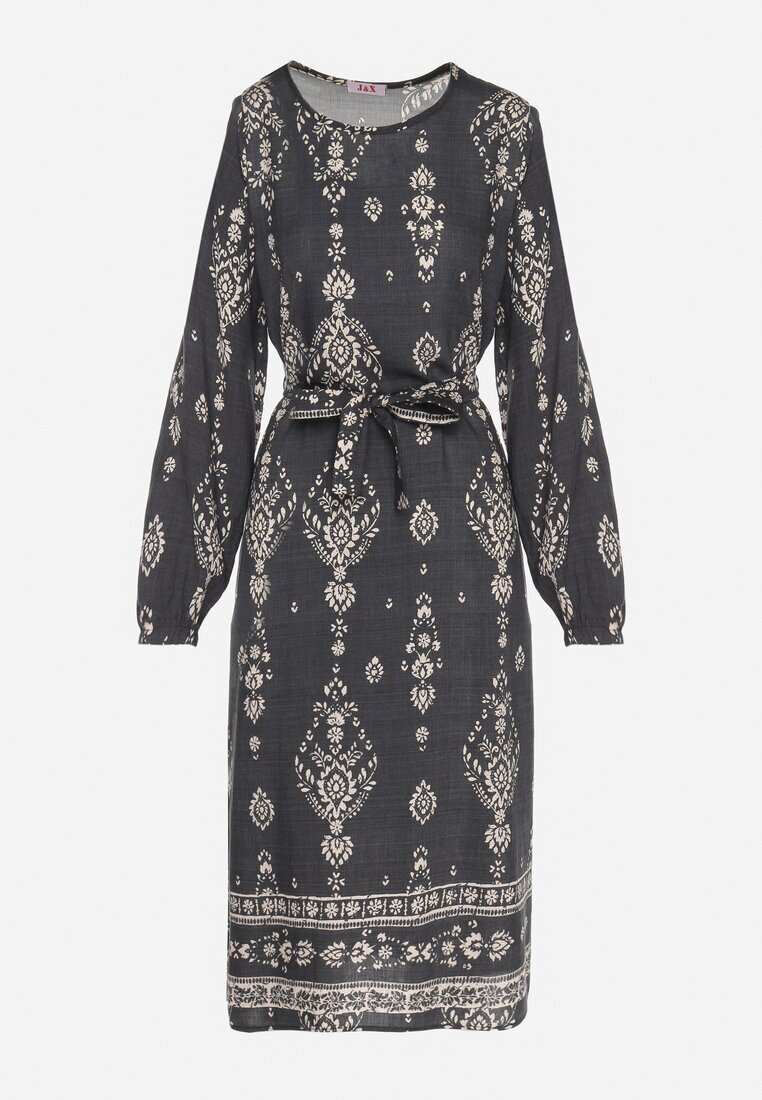 j&x Rochie Gri închis cu Imprimeu Boho Tip cutie cu Curea în Talie Lisanea