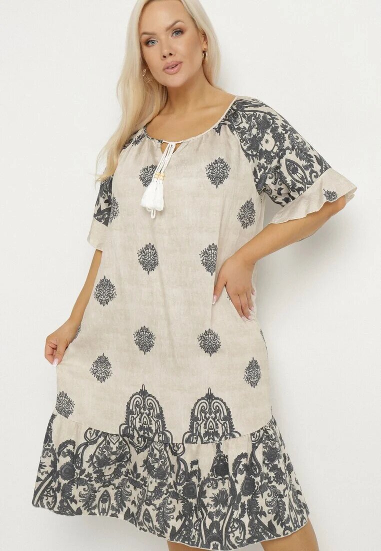 j&x Rochie gri închis din vâscoză în stil boho cu franjuri și volane Korilia