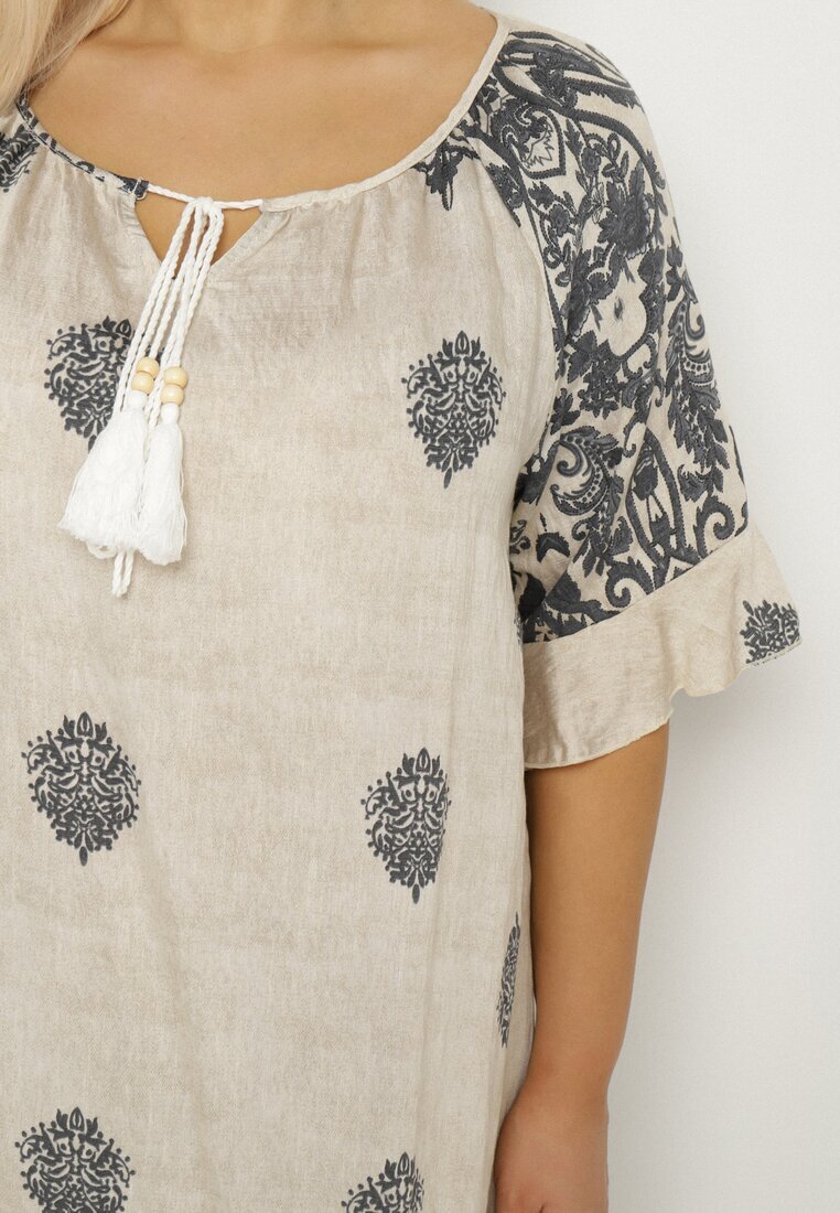 j&x Rochie gri închis din vâscoză în stil boho cu franjuri și volane Korilia
