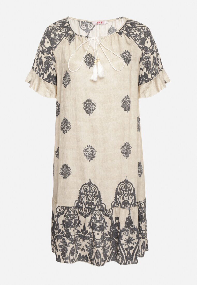 j&x Rochie gri închis din vâscoză în stil boho cu franjuri și volane Korilia