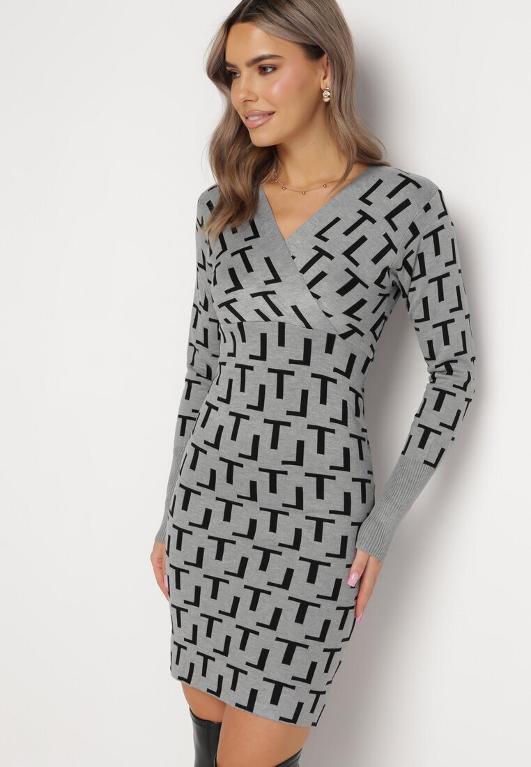 j&x Rochie Gri Tricotată Petrecută cu Model Geometric Lillne