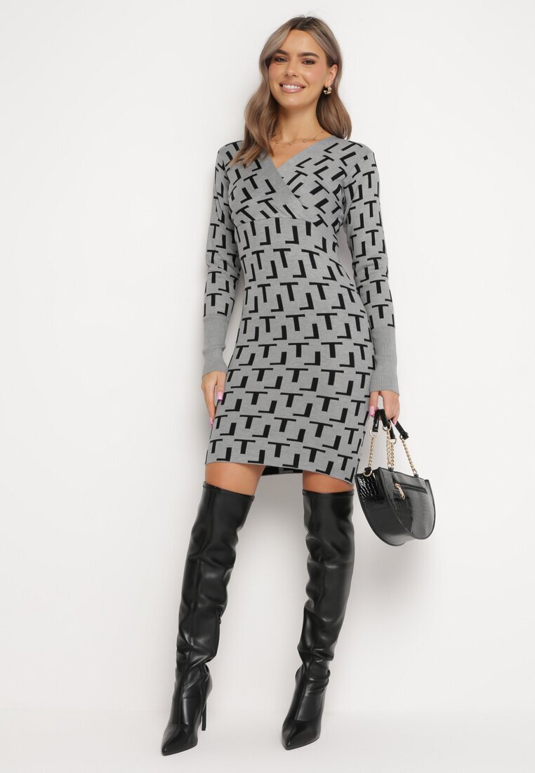 j&x Rochie Gri Tricotată Petrecută cu Model Geometric Lillne