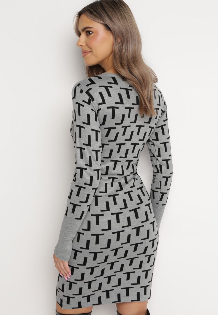 j&x Rochie Gri Tricotată Petrecută cu Model Geometric Lillne