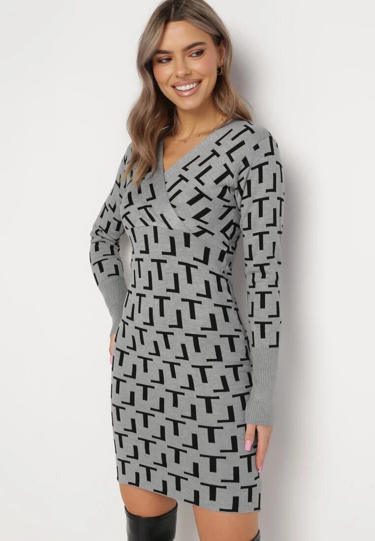 j&x Rochie Gri Tricotată Petrecută cu Model Geometric Lillne