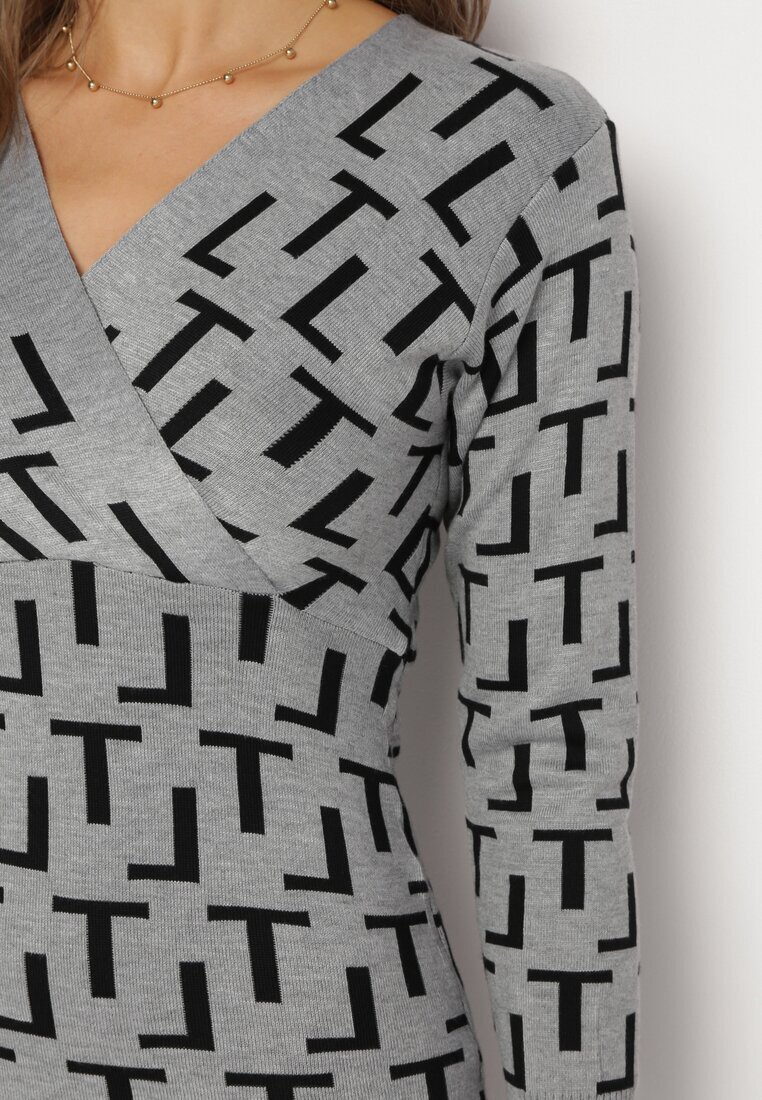j&x Rochie Gri Tricotată Petrecută cu Model Geometric Lillne