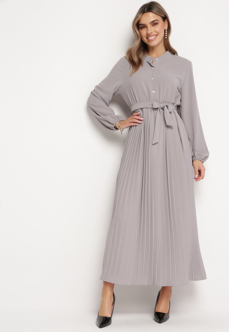 j&x Rochie Maxi Cloș Gri închis cu Tiv plisat și Cordon legat Nollira