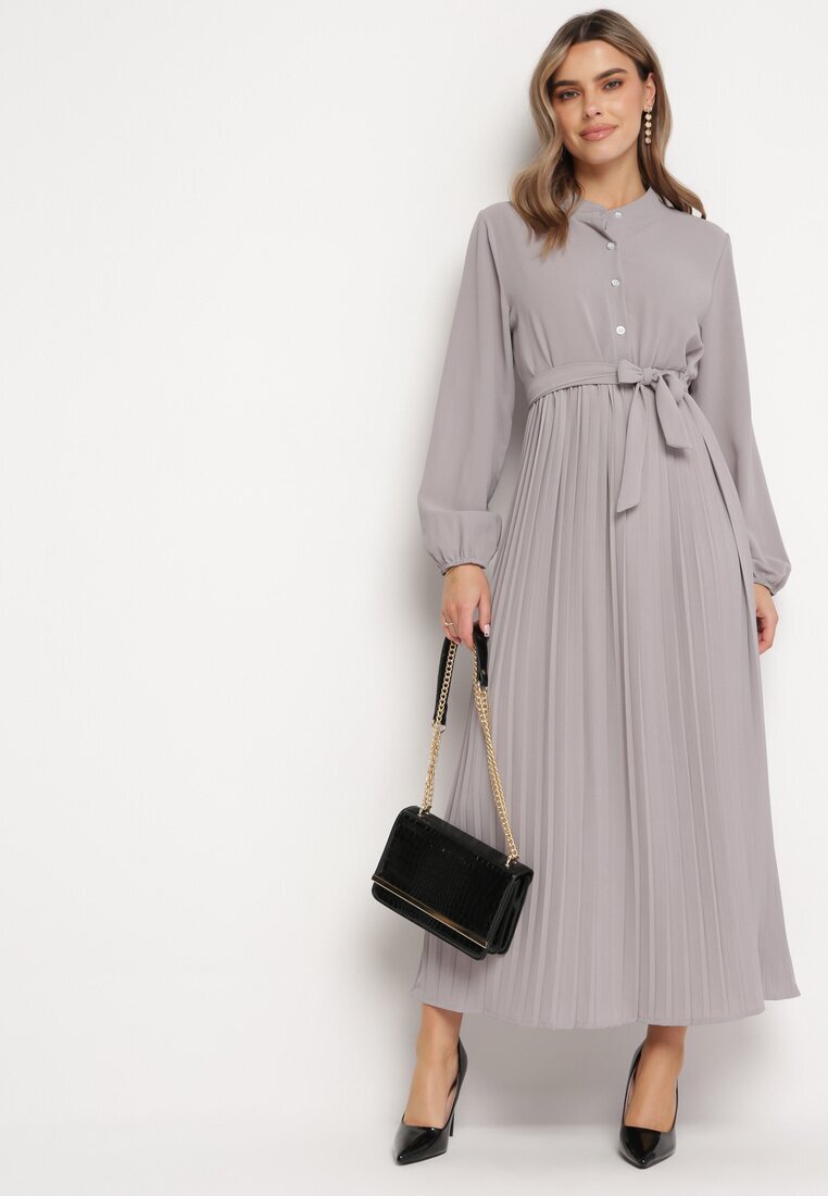 j&x Rochie Maxi Cloș Gri închis cu Tiv plisat și Cordon legat Nollira