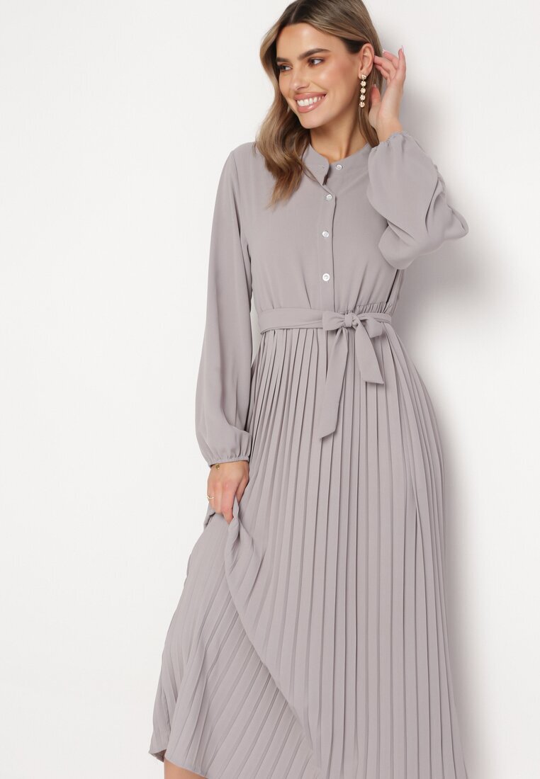 j&x Rochie Maxi Cloș Gri închis cu Tiv plisat și Cordon legat Nollira