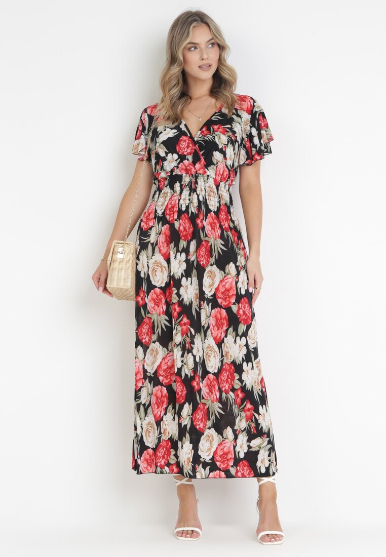 j&x Rochie maxi evazată negru-roșu cu decolteu petrecut și talie elastică încrețită Saera