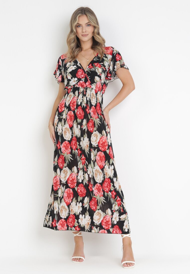 j&x Rochie maxi evazată negru-roșu cu decolteu petrecut și talie elastică încrețită Saera