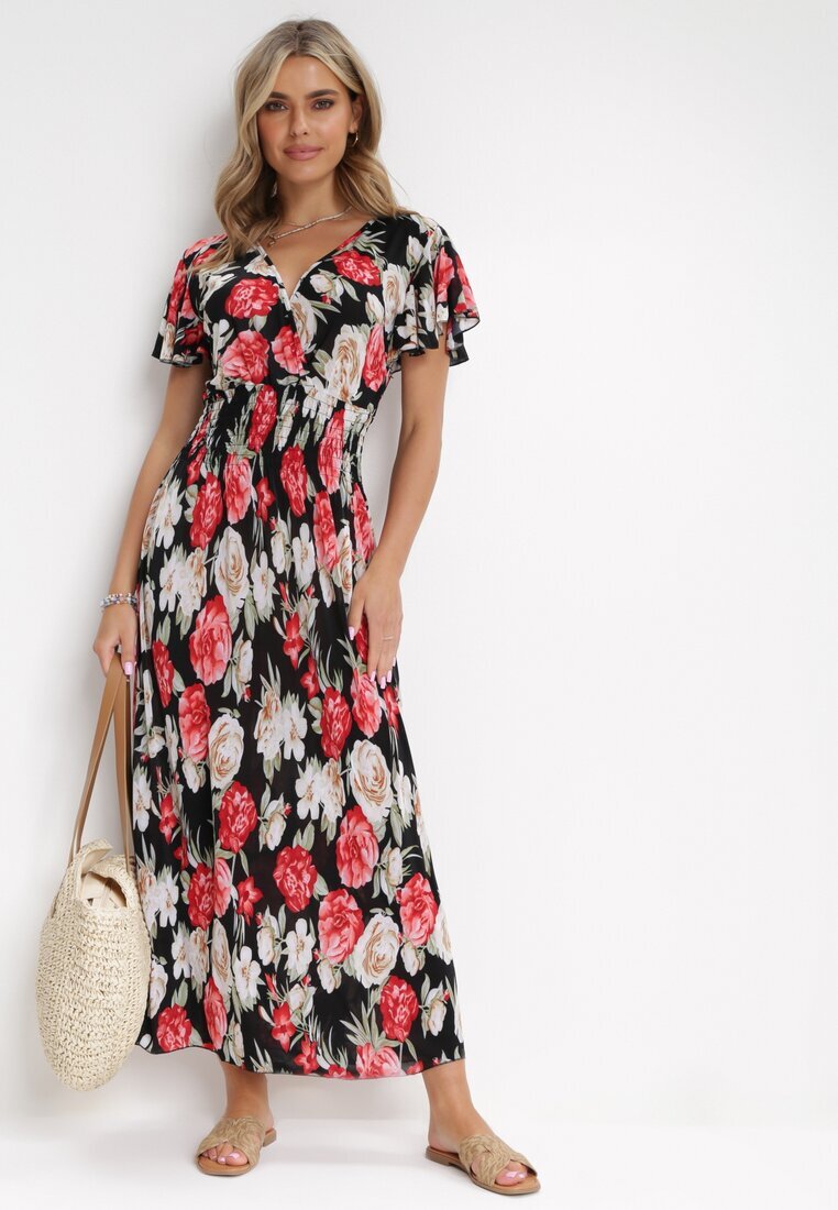 j&x Rochie maxi evazată negru-roșu cu decolteu petrecut și talie elastică încrețită Saera